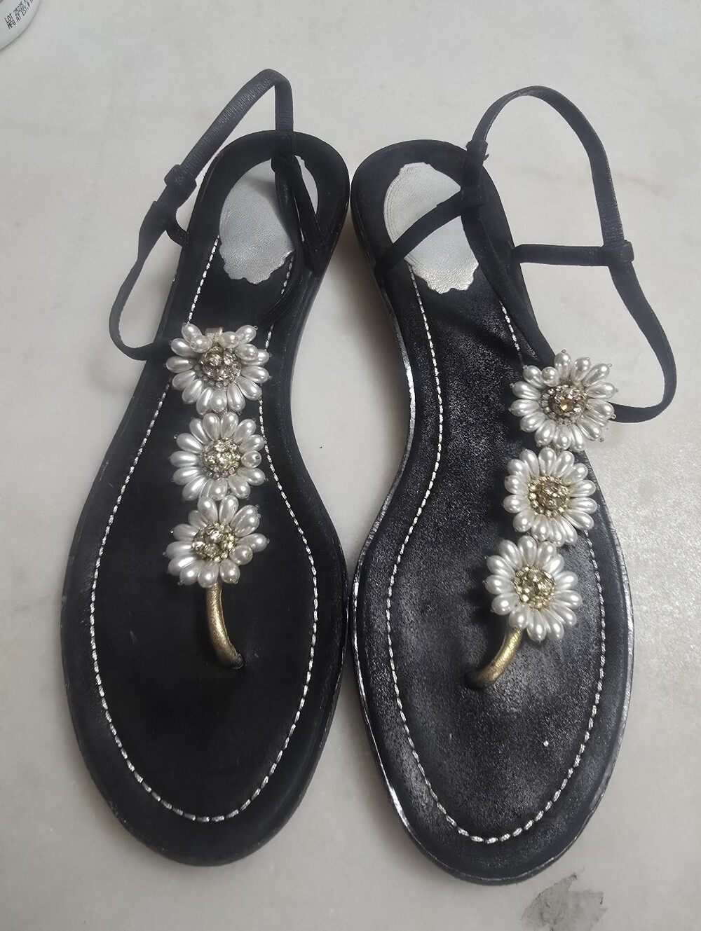 Rene Caovilla Black Pearl-Embellished T-Strap Sandals